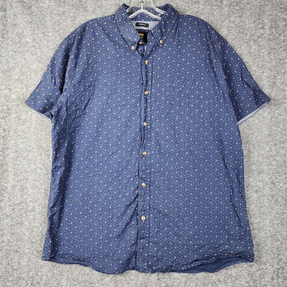 Lee Button‎ Down Shirt Mens XL Navy Blue Sunburst Geometric Short Sleeve Stretch